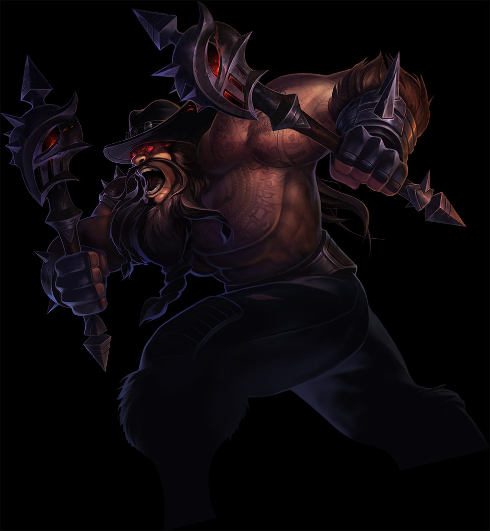 1boy artist_collaboration beard black_hair black_hat black_pants facial_hair feet_out_of_frame from_side fur_trim glowing glowing_eyes hat holding holding_weapon league_of_legends long_hair male_focus muscular muscular_male mustache official_alternate_costume olaf_(league_of_legends) open_mouth pants pentakill_(league_of_legends) pentakill_olaf red_eyes solo spikes teeth vegacolors weapon