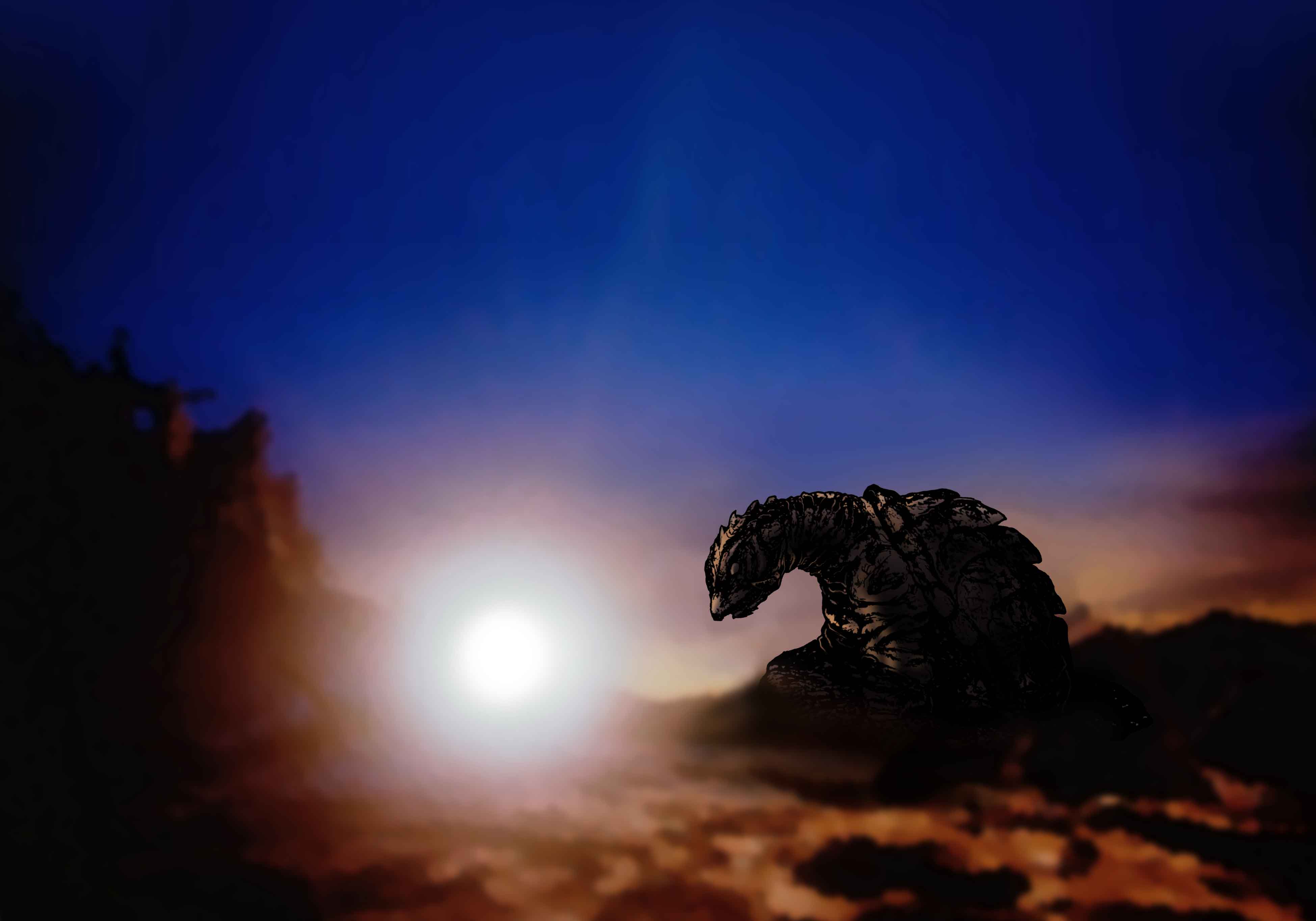 absurdres burned city cityscape crater daiei_film destruction dusk gamera gamera_(series) gamera_2:_attack_of_legion highres kaiju real_world_location satoru33 sendai_(city) shadow silhouette sun sunset