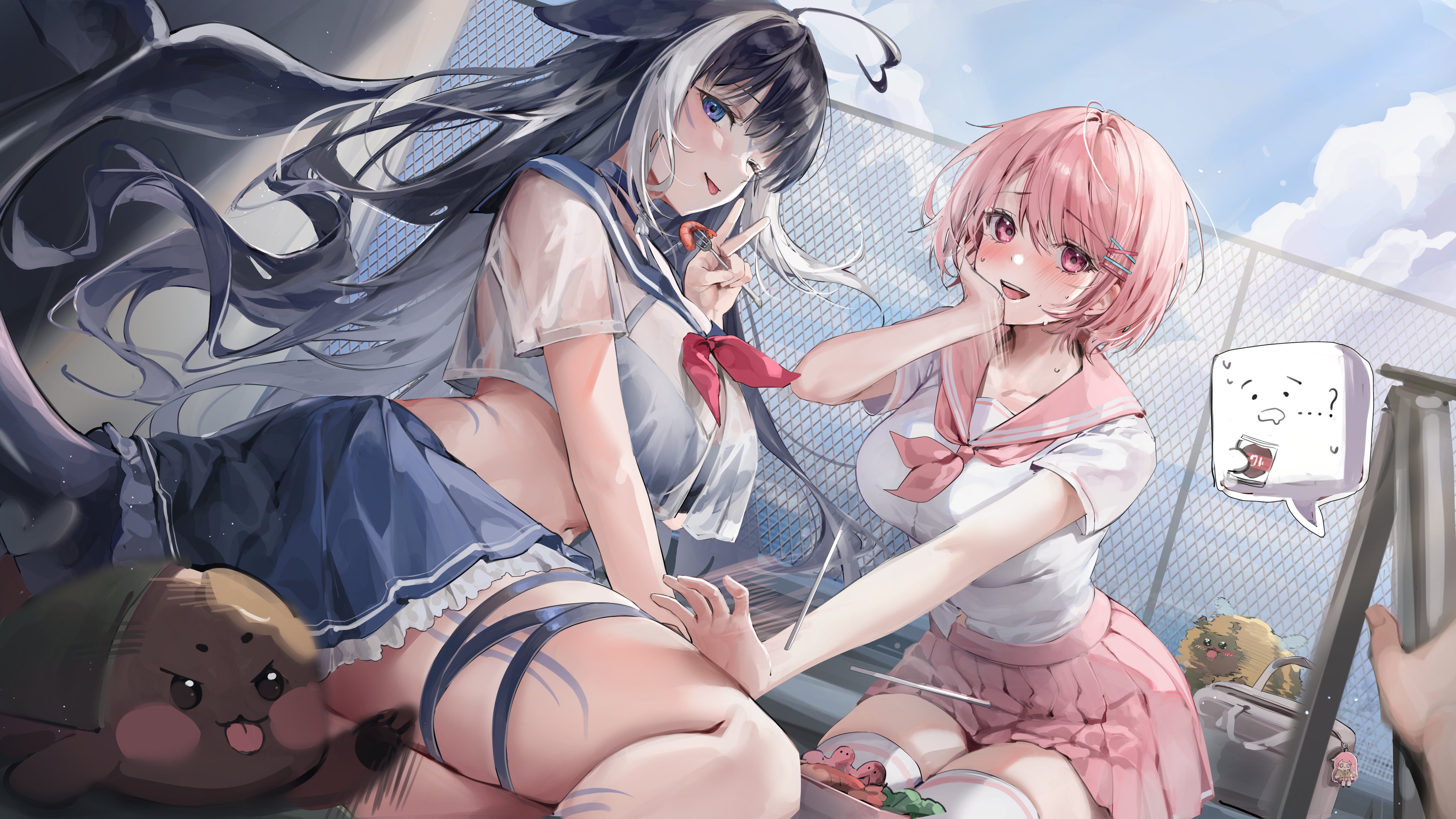 2girls absurdres ahoge animal_ears bento bikini bikini_under_clothes black_hair blue_collar blue_skirt blush breasts cetacean_tail chain-link_fence chopsticks collar fence fins fish_tail food hair_ornament hairclip hand_on_another's_thigh hand_on_own_cheek hand_on_own_face heart heart_ahoge highres honey_churros indie_virtual_youtuber large_breasts lillly long_hair looking_at_viewer multicolored_hair multiple_girls neckerchief one_eye_closed open_mouth orca_girl outdoors pink_eyes pink_hair pink_neckerchief pink_sailor_collar pink_skirt pleated_skirt purple_eyes red_neckerchief sailor_collar school_uniform see-through_clothes see-through_shirt serafuku shirt short_hair short_sleeves shylily shylily_(1st_costume) sitting skirt sky smile speech_bubble streaked_hair swimsuit tail tattoo thigh_strap thighhighs thighs thought_bubble v virtual_youtuber wet wet_clothes wet_shirt white_hair white_shirt white_thighhighs