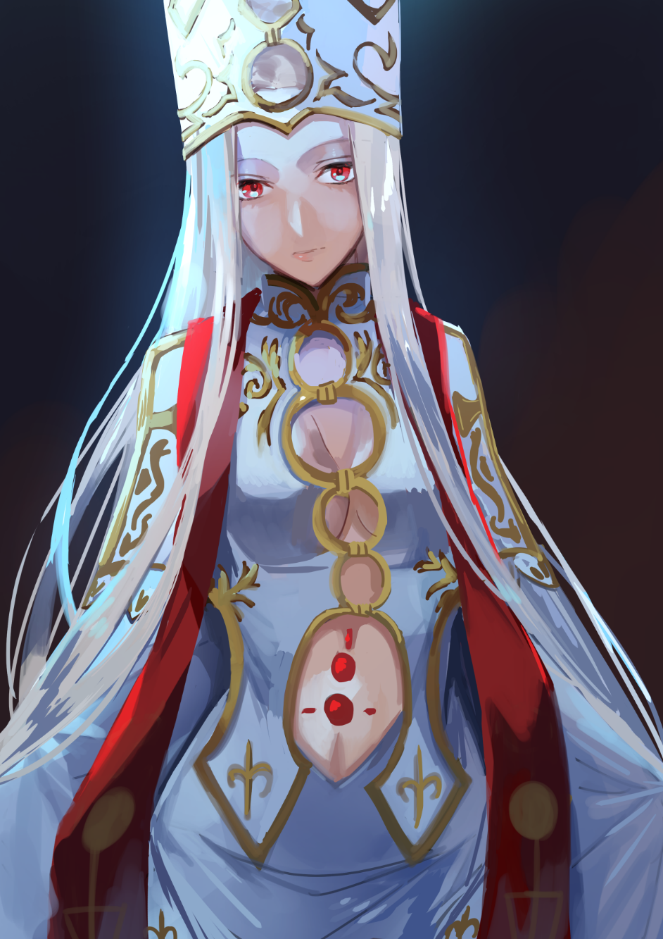 1girl black_background blonde_hair breasts cleavage_cutout clothing_cutout commentary_request crown dress expressionless fate/zero fate_(series) highres justeaze_lizrich_von_einzbern large_breasts long_hair navel_cutout red_eyes red_sash sash solo upper_body very_long_hair white_dress ycco_(estrella)