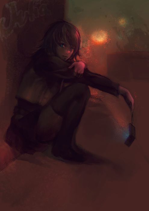 00s 1girl black_thighhighs blue_eyes cellphone female_focus graffiti juliet_nao_zhang lilaccu my-hime my-otome phone school_uniform solo thighhighs yuuki_nao zettai_ryouiki