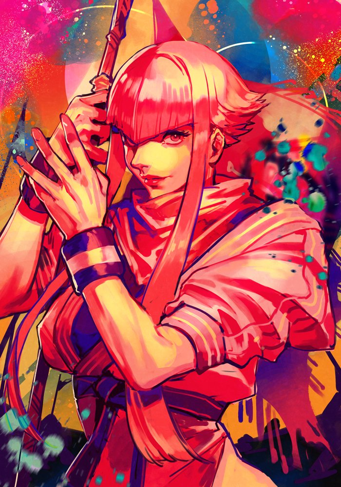 1girl holding holding_staff hungry_clicker manon_legrand pink_hair solo staff street_fighter street_fighter_6 upper_body