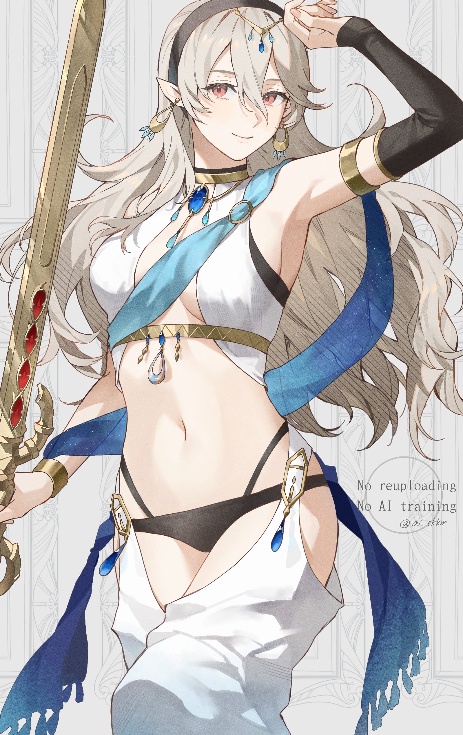 1girl absurdres ai_tkkm alternate_costume black_hairband black_panties breasts cleavage female_corrin_(fire_emblem) dancer earrings fire_emblem fire_emblem_fates hair_between_eyes hairband harem_outfit harem_pants highres holding holding_sword holding_weapon jewelry long_hair looking_at_viewer medium_breasts navel nintendo panties pants pointy_ears red_eyes revealing_clothes smile sword underwear wavy_hair weapon yato_(fire_emblem)