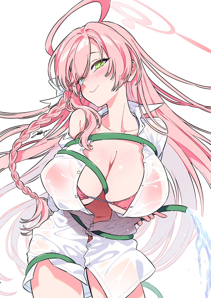 1girl bikini bikini_under_clothes blue_archive blush bow braid breasts cleavage closed_mouth collarbone dress_shirt green_eyes hair_bow hair_spread_out halo hanako_(blue_archive) hanako_(swimsuit)_(blue_archive) holding holding_hose hose hose_between_breasts huge_breasts long_hair long_sleeves looking_at_viewer navel no_pants official_alternate_costume partially_unbuttoned pink_bikini pink_hair pink_halo see-through_clothes see-through_shirt shirt sidelocks single_braid smile smirk solo swimsuit very_long_hair wet wet_clothes wet_shirt white_bow white_shirt zekkyou_(h9s9)