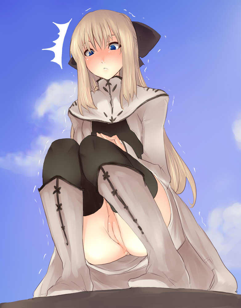 1girl ^^^ anus ass blonde_hair blue_eyes blush boots cleft_of_venus cloud cyrille_(shining_force_exa) day female_focus from_below goban knee_boots long_hair looking_down no_panties pussy sega shining_(series) shining_force_exa sky solo squatting surprised thighhighs trembling uncensored