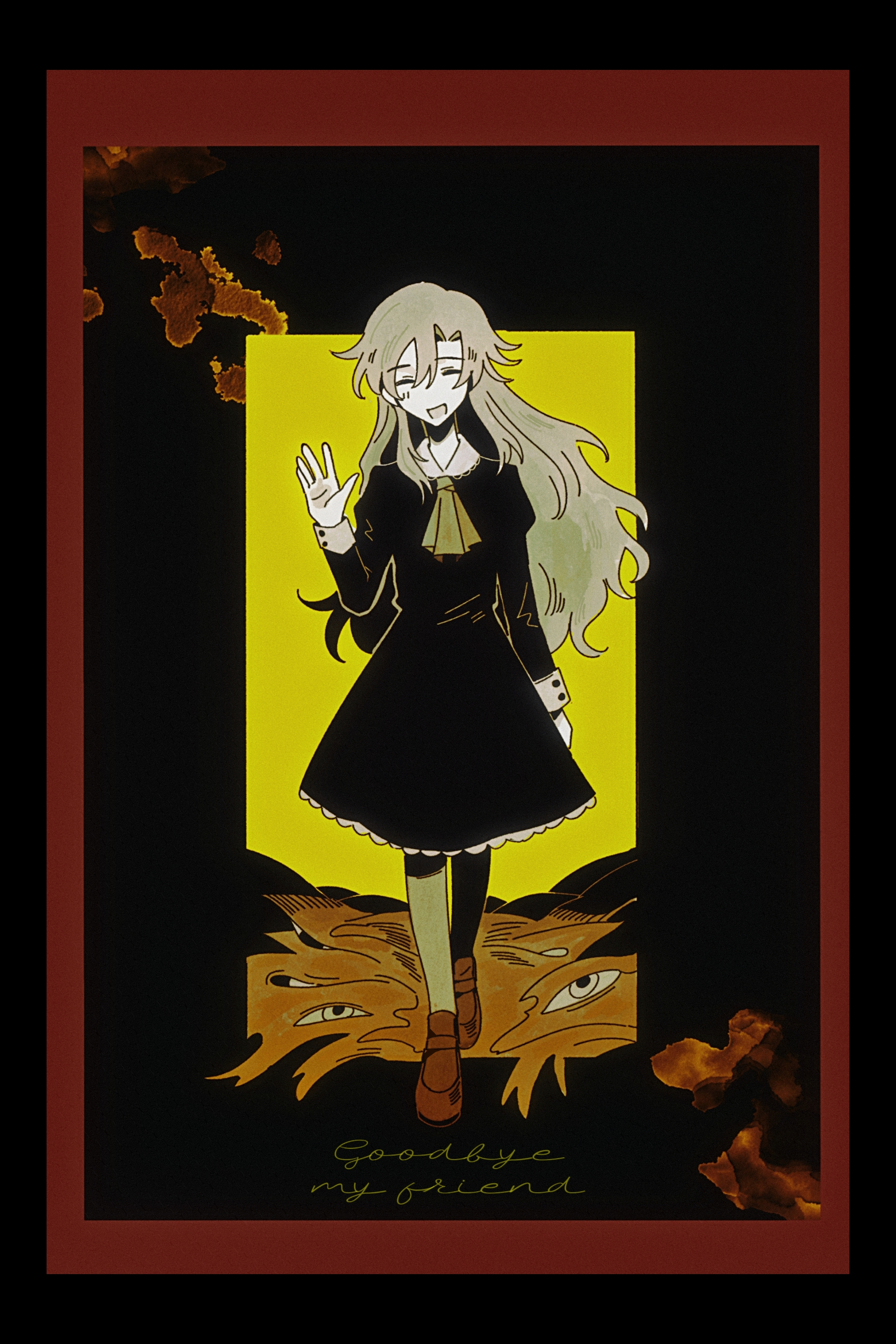 1girl absurdres ascot chinese_commentary closed_eyes commentary_request disembodied_eye dress english_text facing_viewer full_body hand_up highres ib_(kouri) lifop limited_palette loafers long_hair mary_(ib) open_mouth pantyhose shoes smile solo walking