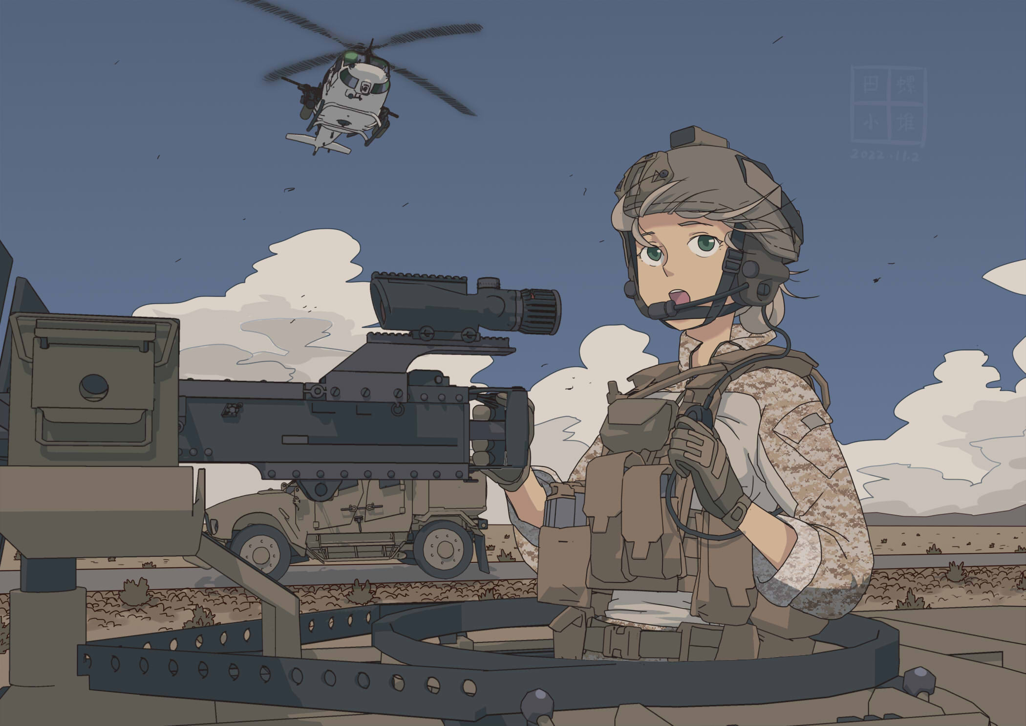 1girl aircraft assault_rifle blue_sky browning_m2 camouflage convoy dated desert_camouflage etmc1992 gun heavy_machine_gun helicopter highres load_bearing_vest machine_gun military military_combat_uniform military_uniform military_vehicle motor_vehicle original oshkosh_m-atv radio rifle road scope sky tactical_clothes uh-1_iroquois united_states_marine_corps weapon wind