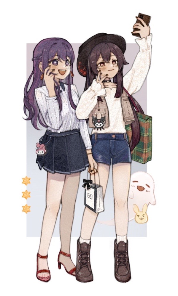 2girls =_= alternate_costume ankle_boots arm_up bag black_headwear black_nails black_skirt blue_background blue_skirt blunt_ends blush boo_tao_(genshin_impact) boots border bracelet braid bright_pupils brown_footwear brown_hair brown_jacket cellphone charm_(object) choker closed_mouth collarbone collared_shirt colored_tips commentary contemporary cropped_jacket crossover denim denim_shorts earrings film_grain floral_print french_braid full_body genshin_impact ghost gradient_background hair_between_eyes hand_in_own_hair hand_on_own_face handbag hat hexagram high_heels holding holding_bag holding_phone hoshino_ai hu_tao_(genshin_impact) jacket jewelry kuromi lace-up_boots long_hair long_sleeves looking_at_phone low_twintails multicolored_hair multiple_girls my_melody nail_polish open_mouth oshi_no_ko outside_border phone plaid pleated_skirt print_bag print_skirt purple_background purple_eyes purple_hair purple_nails rabbit red_eyes red_footwear red_hair red_nails san-x shirt shirt_tucked_in shoes shorts shoulder_bag sidelocks simple_background skirt sleeveless sleeveless_jacket smartphone smile socks standing star-shaped_pupils star_(symbol) syall symbol-only_commentary symbol-shaped_pupils teeth toenail_polish toenails twintails upper_teeth_only v voice_actor_connection white_border white_pupils white_shirt white_socks