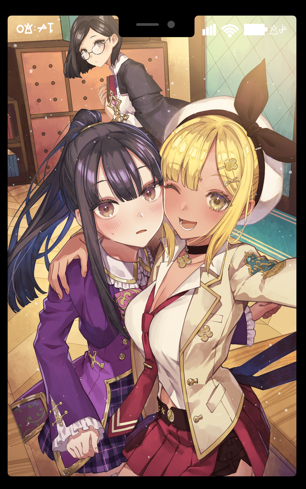 3girls ;d atelier_(series) atelier_ayesha atelier_resleriana atelier_ryza atelier_ryza_1 battery_indicator black_choker black_hair black_jacket blazer blonde_hair blush breasts brown_eyes brown_jacket choker classroom cleavage collared_shirt gyaru hair_ornament hairclip hand_on_another&#039;s_shoulder hat highres indoors jacket large_breasts long_hair long_sleeves looking_at_viewer marion_quinn mimi_houllier_von_schwarzlang mimi_houllier_von_schwarzlang_(lonely_glory) multiple_girls necktie non-web_source official_alternate_costume official_art one_eye_closed open_clothes open_jacket open_mouth pleated_skirt ponytail purple_jacket purple_skirt red_necktie red_skirt reisalin_stout reisalin_stout_(blooming_energy) school_uniform selfie shirt short_hair skirt smile standing sweatdrop taking_picture tan viewfinder white_hat white_shirt wi-fi_symbol x_hair_ornament