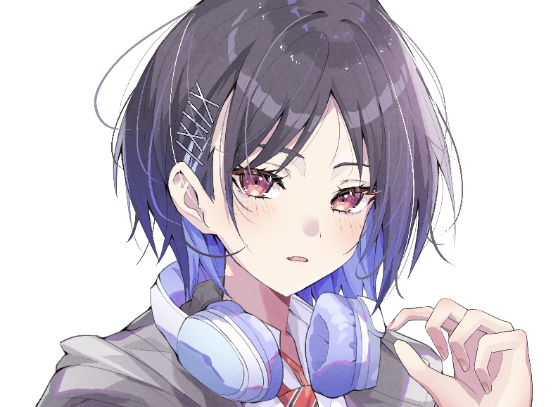 1girl :o black_hair blue_hair blush commentary_request diagonal-striped_clothes diagonal-striped_necktie fingernails gakuen_idolmaster gradient_hair grey_jacket headphones headphones_around_neck idolmaster jacket looking_at_viewer mashiro_yu megao_(yszn8385) multicolored_hair necktie portrait red_necktie shirt short_hair simple_background solo striped_clothes white_background white_shirt