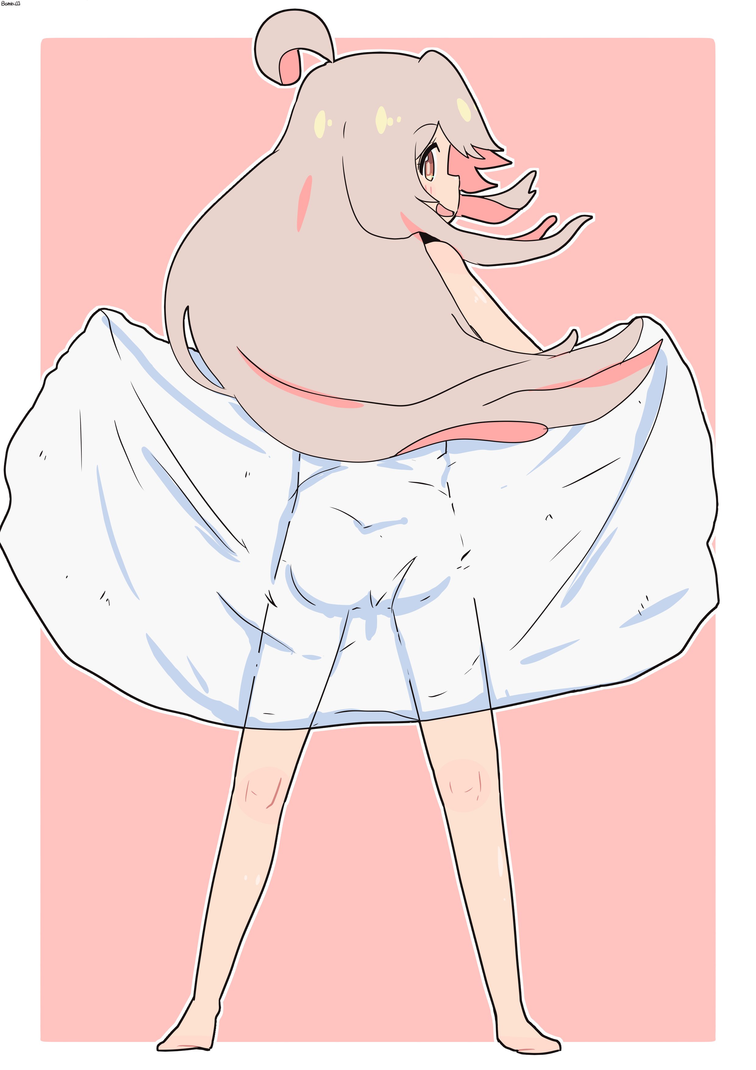 1girl absurdres ahoge artist_name ass bambi2000line border brown_eyes colored_inner_hair commentary from_behind full_body grey_hair highres legs_apart looking_at_viewer looking_back multicolored_hair nude onii-chan_wa_oshimai! outline outside_border oyama_mahiro pink_background pink_hair simple_background solo standing towel two-tone_hair white_border white_outline