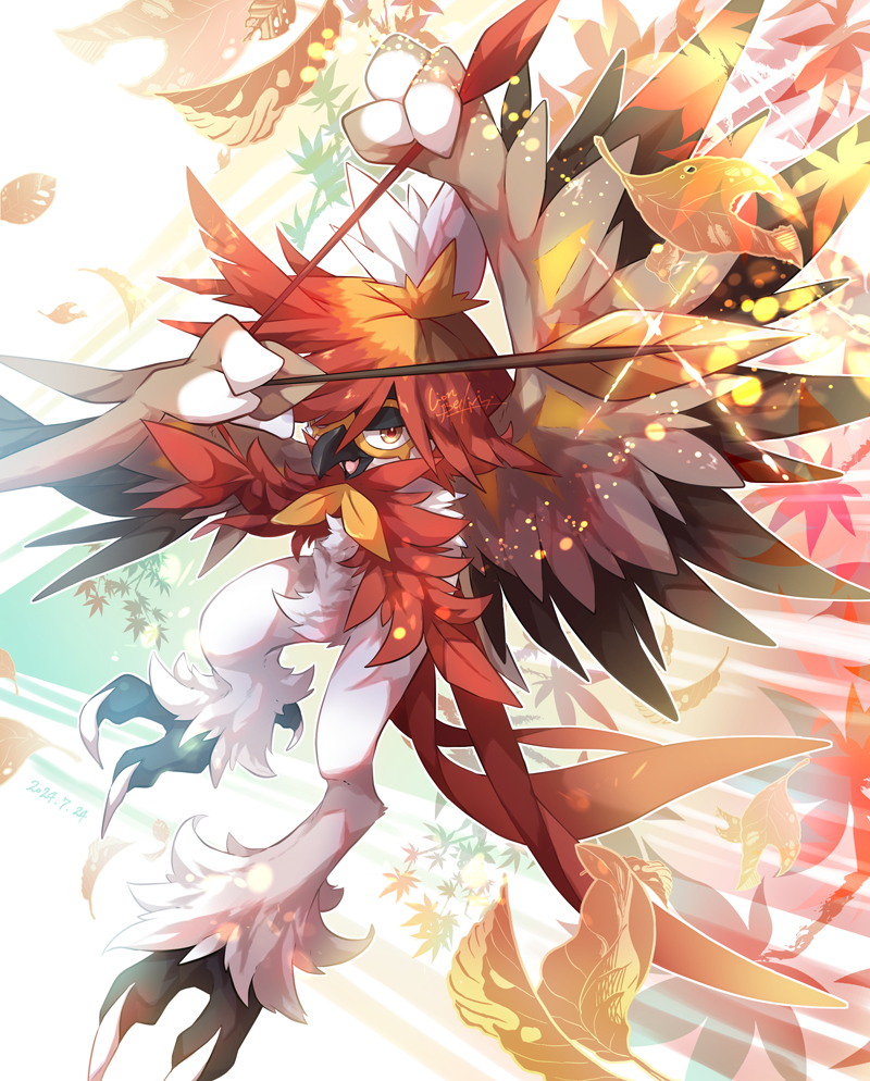 arms_up arrow_(projectile) commentary_request hisuian_decidueye holding holding_arrow leaf lionbell nintendo no_humans open_mouth pokemon pokemon_(creature) red_pupils signature solo talons tongue yellow_eyes