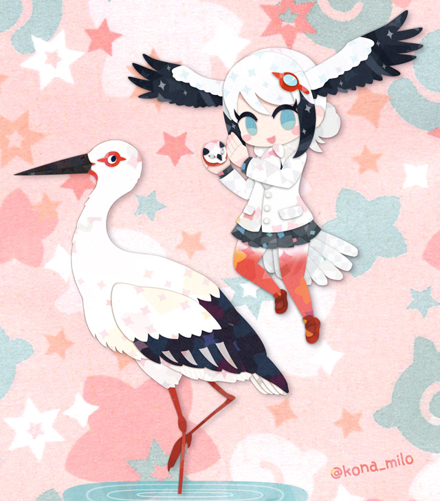 1girl animal bird bird_girl bird_tail bird_wings black_hair blue_eyes feathered_wings head_wings jacket japari_symbol kemono_friends kikuchi_milo long_hair looking_at_viewer multicolored_hair oriental_stork_(kemono_friends) pink_background shoes simple_background skirt tail thighhighs two-tone_hair white_hair wings