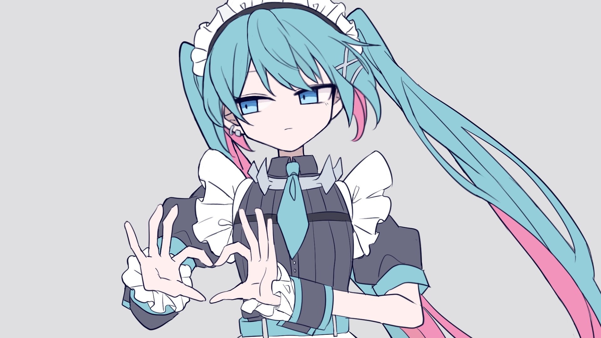 1girl alternate_costume belt blue_belt blue_eyes blue_hair blue_necktie closed_mouth colored_inner_hair commentary_request cosplay earrings ellen_joe ellen_joe_(cosplay) enmaided expressionless floating_hair futaba969649 grey_background hair_ornament hands_up hatsune_miku heart heart_hands highres jewelry long_hair looking_to_the_side maid maid_headdress moechakkafire multicolored_hair necktie pink_hair puffy_short_sleeves puffy_sleeves short_sleeves simple_background single_earring solo straight-on straight_hair twintails two-tone_hair upper_body video_thumbnail vocaloid white_headdress wrist_cuffs x_hair_ornament zenless_zone_zero