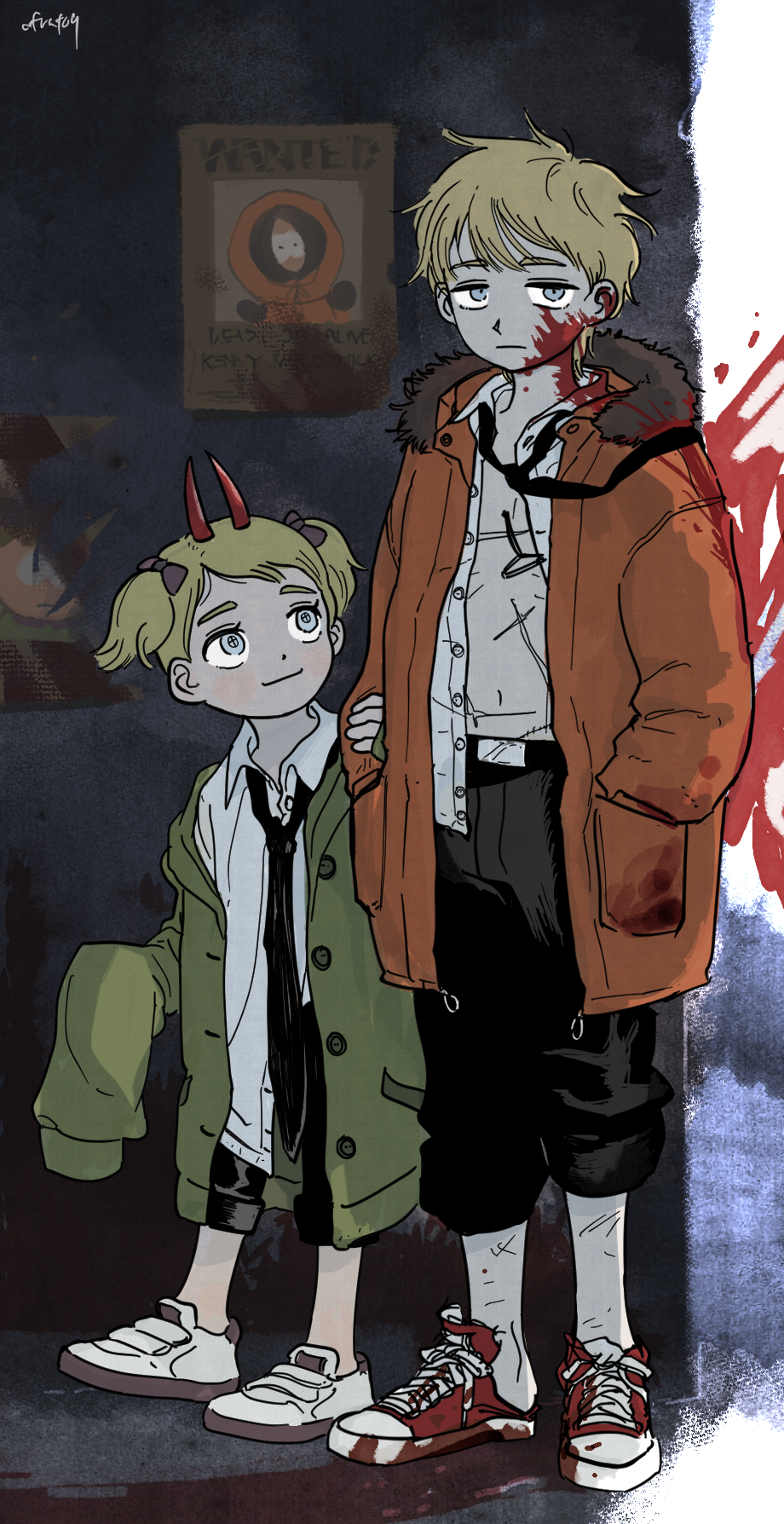 1boy 1girl aged_down black_bow black_necktie black_pants blonde_hair blood blood_on_clothes blood_on_face blood_on_wall blood_splatter bow brother_and_sister chainsaw_man closed_mouth coat commentary commentary_request cosplay cross-shaped_pupils denji_(chainsaw_man) denji_(chainsaw_man)_(cosplay) dress_shirt english_commentary expressionless full_body fur-trimmed_hood fur_trim green_jacket grey_eyes hair_bow hands_in_pockets heel_pop highres holding_another&#039;s_arm hood hood_down horns jacket jitome karen_mccormick kenny_mccormick light_smile long_sleeves look-alike looking_at_another looking_at_viewer loose_necktie mixed-language_commentary multiple_hair_bows necktie necktie_over_shoulder no_socks open_clothes open_coat open_shirt orange_coat oversized_clothes pants pants_rolled_up parody poster_(object) power_(chainsaw_man) power_(chainsaw_man)_(cosplay) pull_cord scar scar_on_chest shirt shirt_partially_tucked_in shoes short_hair short_twintails siblings signature sleeves_past_fingers sleeves_past_wrists sneakers south_park standing symbol-shaped_pupils twintails uefuatoq wanted_poster white_shirt