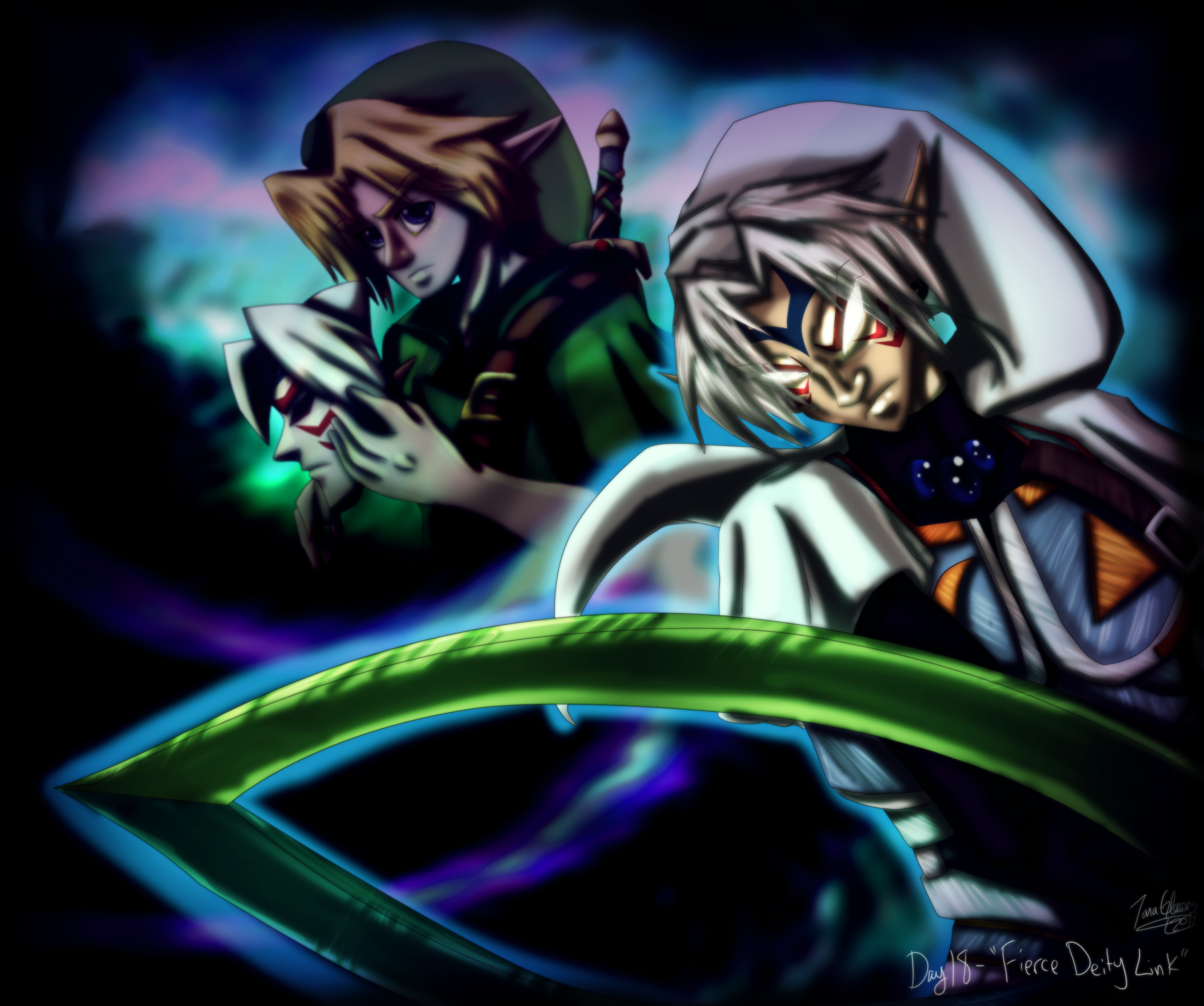 2boys alternate_costume anniversary aura before_and_after belt belt_buckle black_eyes blonde_hair blue_gemstone buckle celtic_magician chest_jewel commentary crescent crescent_print double_helix dual_persona english_commentary facial_mark facial_tattoo fierce_deity frown fusion gem glowing glowing_eyes green_hat hat highres holding holding_mask link mask multiple_boys nintendo no_pupils official_alternate_costume pointy_ears possessed possession short_hair short_sleeves sword tattoo the_legend_of_zelda the_legend_of_zelda:_majora's_mask transformation triangle triangle_print weapon white_eyes white_hair young_link