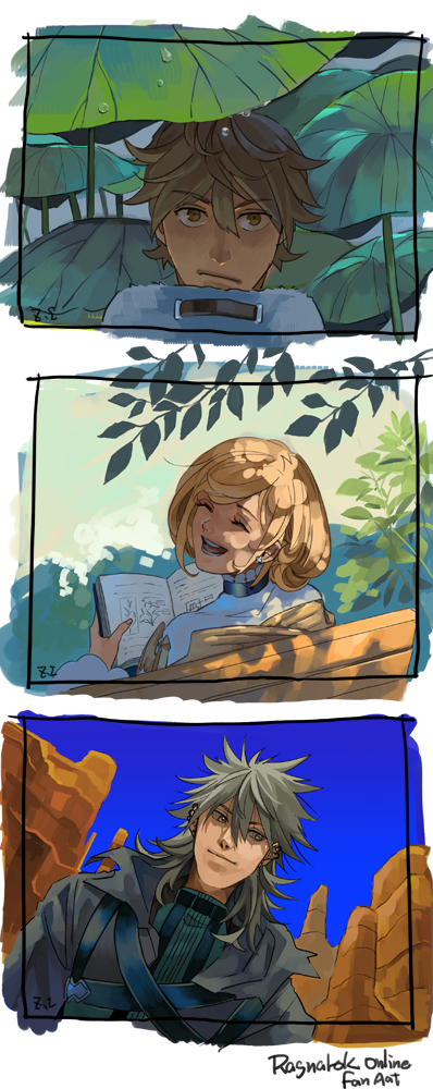 1girl 2boys bench blonde_hair book brown_eyes brown_hair bush butte cardinal_(ragnarok_online) closed_eyes closed_mouth commentary dated_commentary dress fur_collar green_shirt grey_cloak grey_hair holding holding_book leaf long_sleeves looking_at_viewer medium_hair multiple_boys open_book open_mouth ragnarok_online reading shadow_cross_(ragnarok_online) shirt short_hair smile upper_body white_dress wind_hawk_(ragnarok_online) z.i