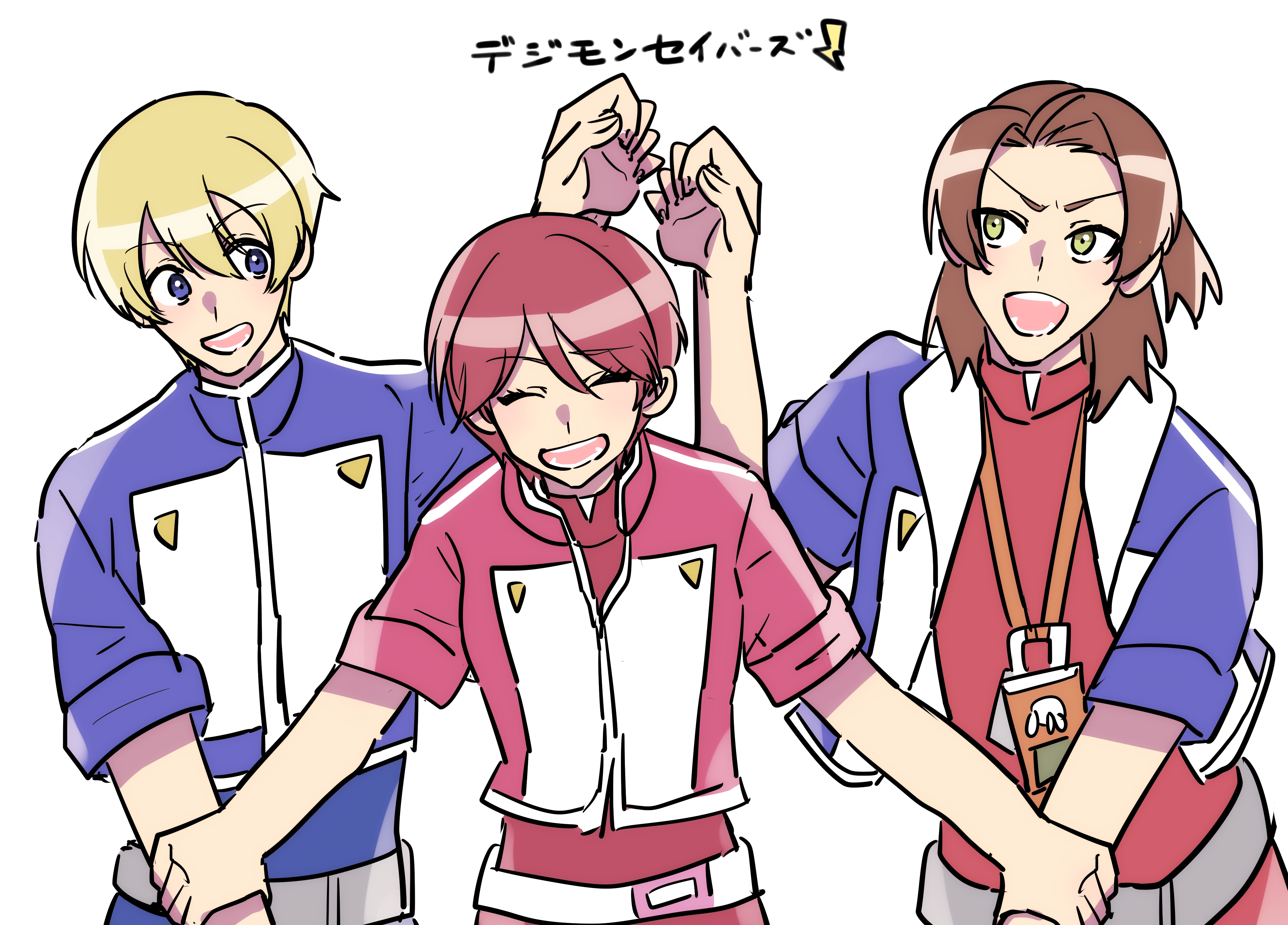 1girl 2boys absurdres daimon_masaru_(digimon_savers) digimon digimon_savers fujieda_yoshino highres multiple_boys pink_eyes pink_hair short_hair thoma_h._norstein
