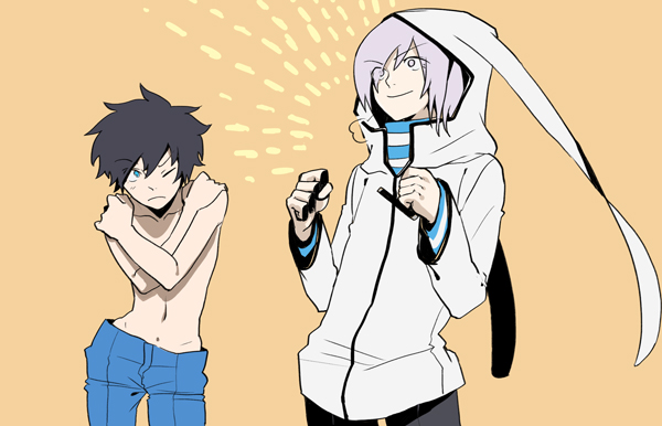2boys akiyoshi_nozomu black_hair blue_eyes cosplay costume_switch covering_privates devil_survivor_(series) devil_survivor_2 frown hair_over_one_eye hood hoodie houtsuin_yamato kuze_hibiki male_focus multiple_boys necktie open_mouth silver_hair smile topless_male white_eyes wince