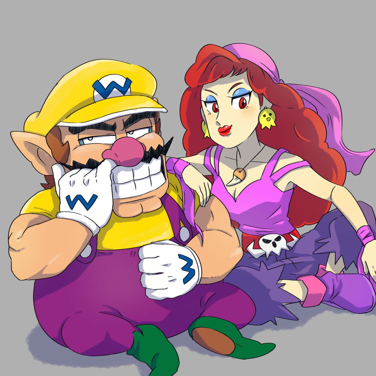 1boy 1girl arettes bandana breasts captain_syrup cleavage earrings gloves hat highres jewelry lips make makeup nintendo pants pirate red_eyes red_hair shoes skull tagme tomboy wario wario_land wario_land:_shake_it!