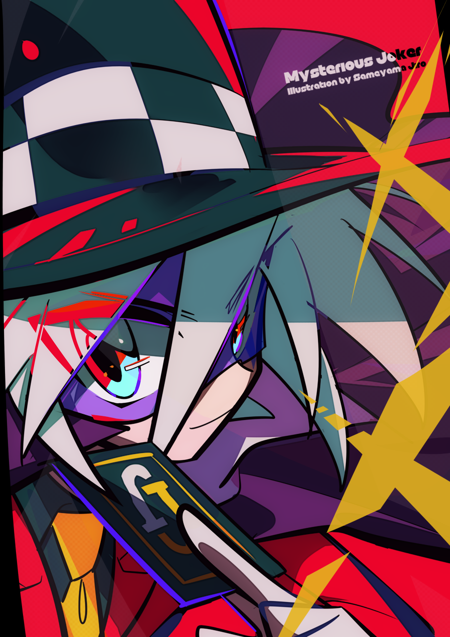 1boy artist_name black_hat black_shirt cape card checkered_hat closed_mouth copyright_name eye_mask hat highres holding holding_card jacket joker_(kaitou_joker) kaitou_joker looking_at_viewer male_focus necktie purple_cape purple_mask red_jacket sameyama_jiro shirt short_hair top_hat yellow_necktie