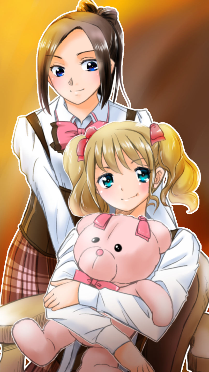 2girls aqua_eyes assault_lily behind_another blonde_hair blue_eyes bow bow-shaped_hair bowtie brown_background brown_hair brown_skirt chair closed_mouth collared_shirt commentary_request corset gradient_background hair_bow hands_up highres holding holding_stuffed_toy hugging_doll hugging_object ichinomiya_michaela_himari looking_at_viewer ludvico_private_girls&#039;_academy_school_uniform multiple_girls narumi_clara_yuuko on_chair parted_bangs pink_bow pink_bowtie plaid_clothes plaid_skirt ponytail red_bow school_uniform sentape shirt short_hair sitting skirt smile standing stuffed_animal stuffed_toy teddy_bear twintails underbust white_shirt