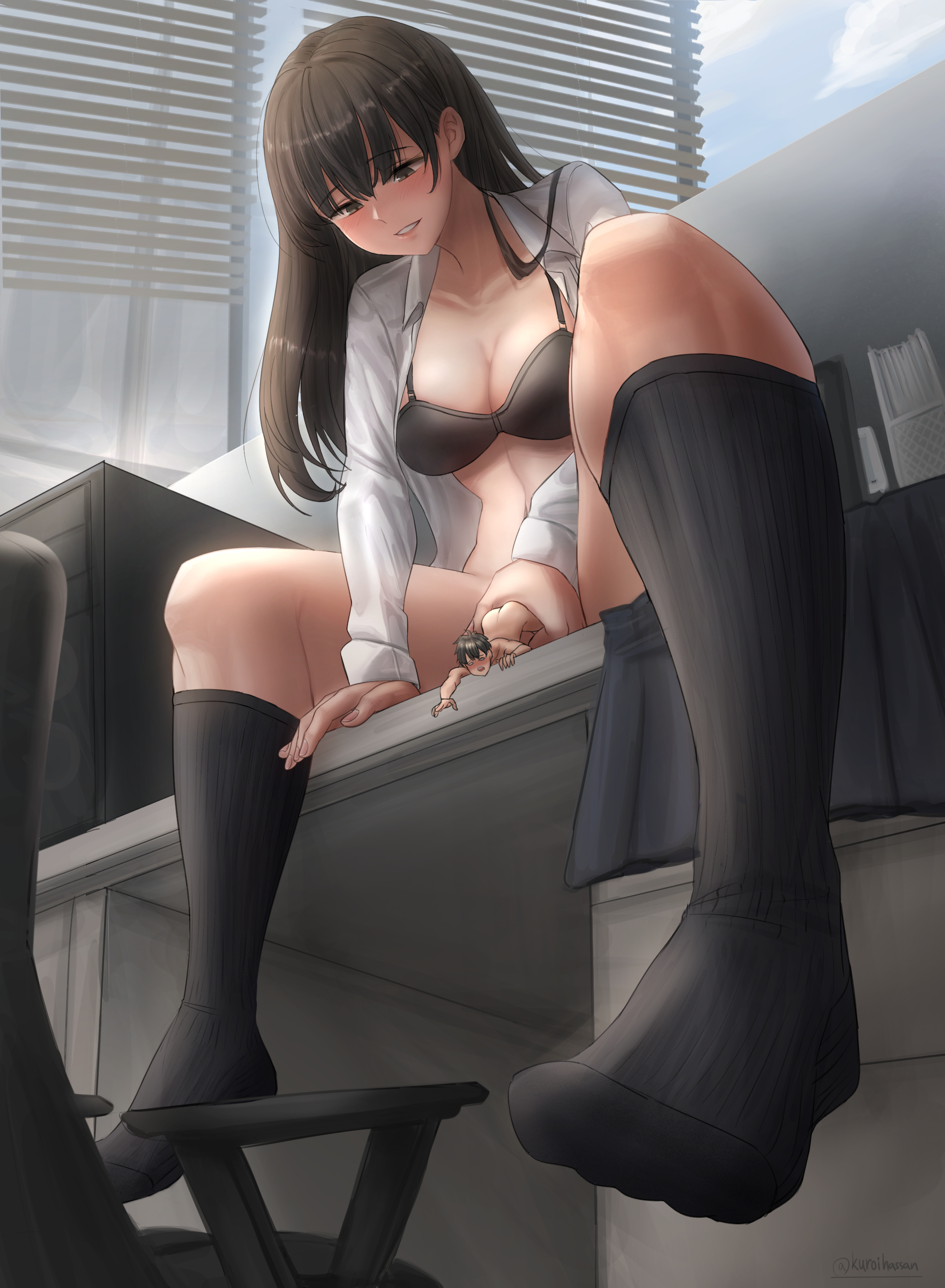 kuroihassan, absurdres, highres, 1boy, 1girl, blush, bottomless, bra,  breasts, cleavage, giant, giantess, implied sex, open clothes, shirt,  smile, underwear, white shirt - Image View - | Gelbooru - Anime Art & Hentai