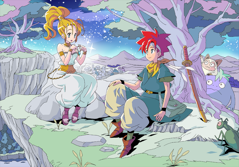 1boy 1girl belt blonde_hair blue_eyes breasts chrono_trigger closed_mouth crono_(chrono_trigger) full_body headband jewelry long_hair mai_iwaizumi marle_(chrono_trigger) necklace nu_(chrono_trigger) open_mouth ponytail scarf sitting smile spiked_hair star_(sky) sword tree weapon