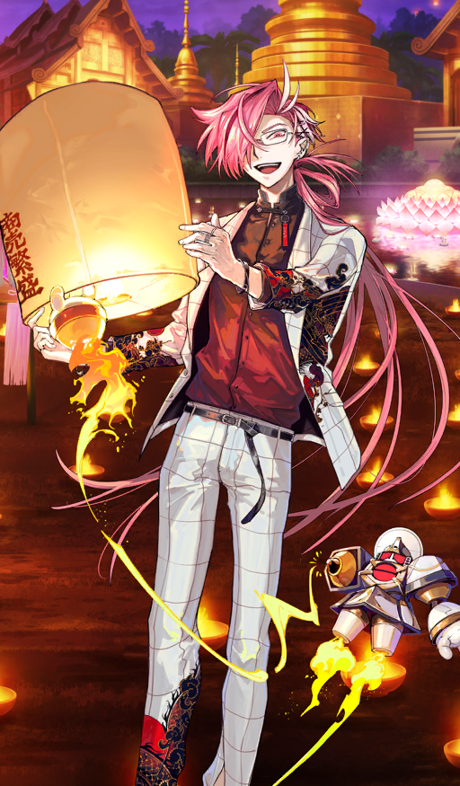 1boy :d attack_trail belt belt_buckle black_belt black_shirt bracelet buckle buttons commentary_request earrings endo_(takolegs) fate/grand_order fate_(series) feet_out_of_frame flying grid hair_ornament hair_over_one_eye high_collar holding holding_lantern jacket jewelry lantern lapels long_hair long_sleeves low_ponytail male_focus multiple_rings official_alternate_costume official_art one_eye_covered open_clothes open_jacket open_mouth pants paper_lantern ponytail print_jacket print_pants rectangular_eyewear red_eyes red_hair red_shirt ring robot rocket shirt sky_lantern smile solo standing takasugi_shinsaku_(fate) teeth third-party_source two-tone_shirt upper_teeth_only very_long_hair white_jacket white_pants white_streaks x_hair_ornament