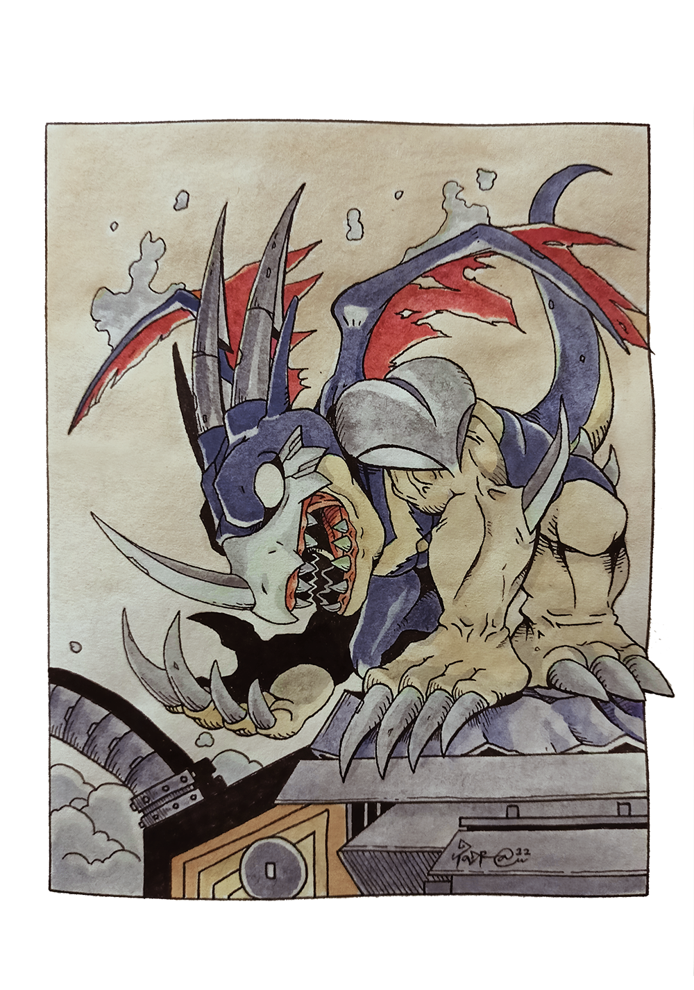 aerov-dramon beak blank_eyes blue_skin claws cloud colored_skin digimon digimon_(creature) dragon elbow_blade from_side highres horns inktober monster multicolored_skin multiple_horns muscular on_roof open_mouth painting_(medium) perching profile red_wings sharp_teeth solo tail taragraphika teeth torn_wings traditional_media two-tone_skin veins veiny_arms watercolor_(medium) white_eyes white_skin wings
