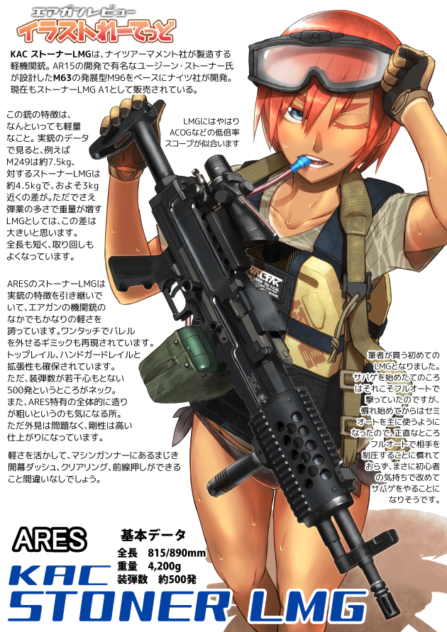1girl airsoft_review_illustrated ammunition_box ares_incorporated armor bikini bikini_bottom_only bikini_under_clothes blue_eyes body_armor breasts bulletproof_vest ceramic ceramic_armor didloaded goggles gun high-capacity_magazine information_sheet iron_sights japanese_text kac_lamg kac_stoner_lmg knight&#039;s_armament_company light_machine_gun long_gun machine_gun metal_plate orange_hair original revealing_clothes safety_glasses scope shirt side-tie_bikini_bottom sight_(weapon) small_arms_protective_insert squad_automatic_weapon stock_(firearm) swimsuit swimsuit_under_clothes telescopic_sight telescoping_stock text_focus translation_request trauma_plate vertical_forward_grip vest weapon weapon_focus weapon_profile wet wet_clothes wet_shirt