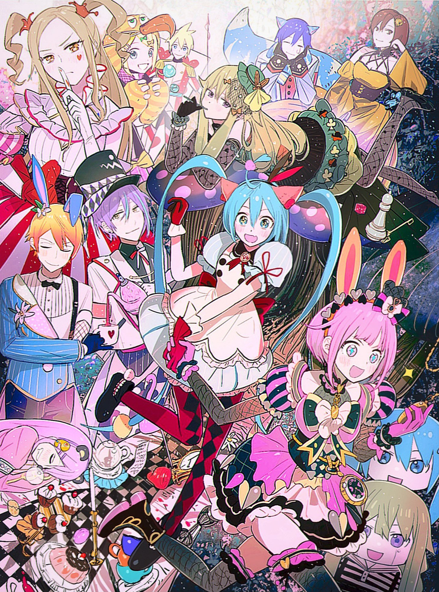 4girls 6+girls :d alice_in_wonderland animal_ears argyle_clothes argyle_hat argyle_pantyhose black_headwear black_thighhighs blonde_hair blue_eyes cat_ears cat_tail chess_piece chromatic_aberration commentary cup daiye_(kkmcndsf) dress fake_animal_ears food frilled_gloves frilled_thighhighs frills gloves green_dress green_hair grey_pantyhose hair_ornament hat hatsune_miku hibiku_twilight_parade_(project_sekai) highres holding_watch kagamine_len kagamine_rin kaito_(vocaloid) kusanagi_nene long_hair megurine_luka meiko_(vocaloid) mikudayo muffin multiple_girls nenerobo ootori_emu open_mouth pantyhose pink_dress pink_eyes pink_gloves pink_hair plate pocket_watch pom_pom_(clothes) pom_pom_hair_ornament project_sekai pudding puffy_short_sleeves puffy_sleeves purple_eyes purple_hair rabbit_ears red_gloves red_pantyhose robot sakurako_(project_sekai) short_sleeves smile tail teacup teapot thighhighs top_hat twintails two_side_up very_long_hair vocaloid watch white_dress wonderlands_x_showtime_(project_sekai) wonderlands_x_showtime_kaito wonderlands_x_showtime_len wonderlands_x_showtime_luka wonderlands_x_showtime_meiko wonderlands_x_showtime_miku wonderlands_x_showtime_rin yellow_dress yellow_eyes zenryoku!_wonder_halloween!_(project_sekai)