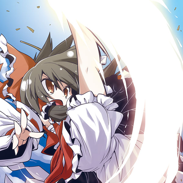1girl akaneya bloomers bow brown_eyes brown_hair deformed female_focus gradient_background hair_bow hakurei_reimu kicking open_mouth sarashi solo touhou underwear