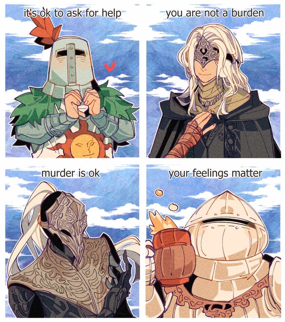 2boys 2girls armor blonde_hair covered_eyes covered_face dark_souls_(series) dark_souls_i dark_souls_iii drenched-in-sunlight english_text eye_mask fire_keeper full_armor gorget helm helmet meme multiple_boys multiple_girls ponytail siegmeyer_of_catarina solaire_of_astora white_hair yuria_of_londor