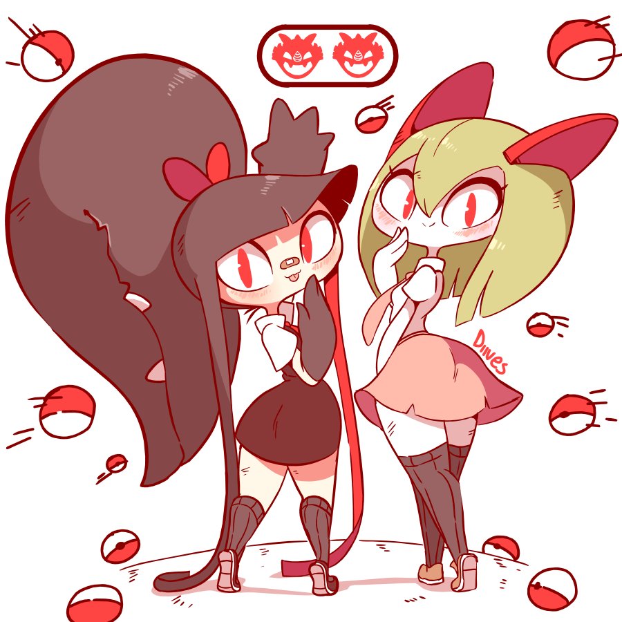 2girls artist_name black_dress black_socks blush bow colored_skin diives dress extra_mouth gen_3_pokemon green_hair hair_bow horns kirlia looking_at_viewer looking_back mawile multiple_girls nintendo pink_skirt poke_ball poke_ball_(basic) pokemon pokemon_(creature) red_bow red_eyes sidelocks simple_background skirt smile socks white_background white_skin