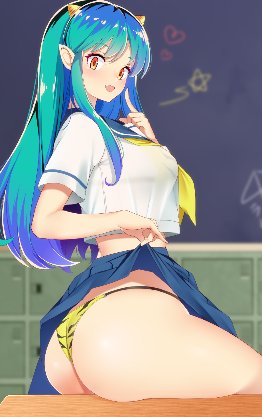1girl animal_print bikini bikini_under_clothes blue_hair blue_skirt blurry blurry_background blush breasts chalkboard classroom clothes_lift cone_horns cropped_shirt desk green_hair highres horns kippuru large_breasts lifting_own_clothes looking_at_viewer lum midriff multicolored_hair neckerchief on_desk oni orange_eyes pointy_ears print_bikini school_desk school_uniform see-through_clothes see-through_shirt shirt sitting skirt skirt_lift smile solo swimsuit tiger_print two-tone_hair urusei_yatsura white_shirt yellow_horns yellow_neckerchief