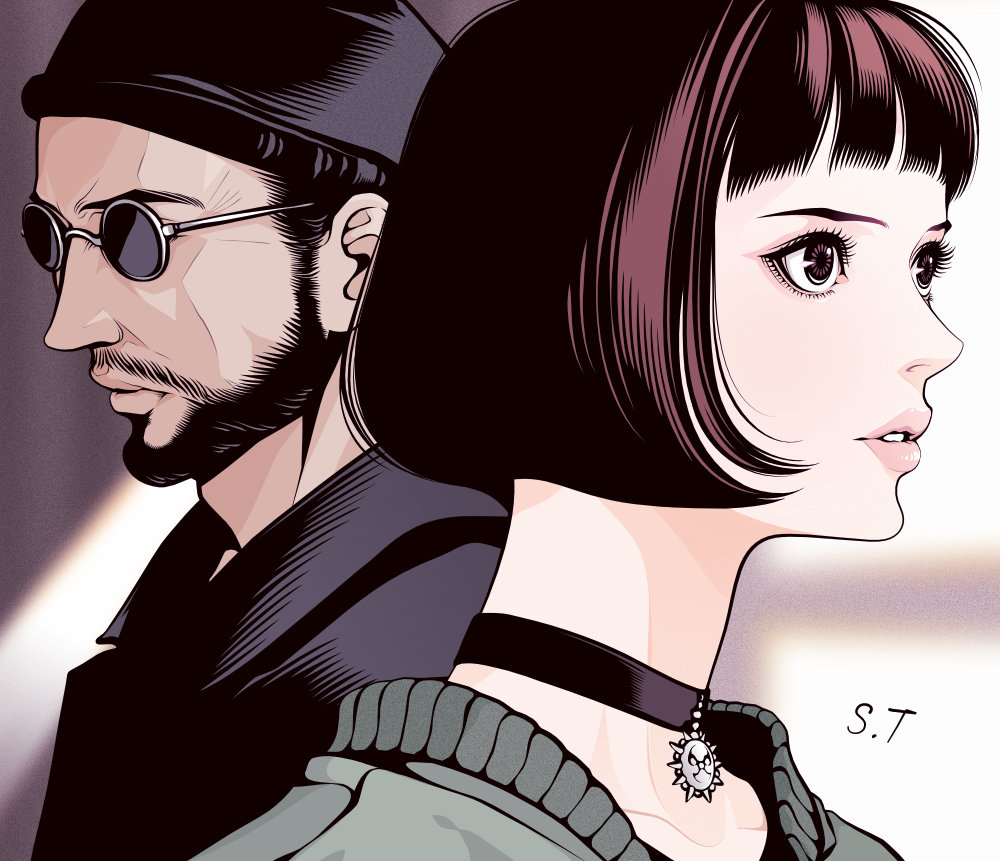 1boy 1girl beard black_coat black_collar black_hair black_hat blurry blurry_background brown_eyes brown_hair closed_mouth coat collar commentary_request eyelashes eyeshadow facial_hair green_sweater hat leon_(leon_the_professional) leon_the_professional limited_palette looking_to_the_side makeup mathilda_lando parted_lips portrait short_hair signature spot_color sunglasses sweater takanashi_shin teeth
