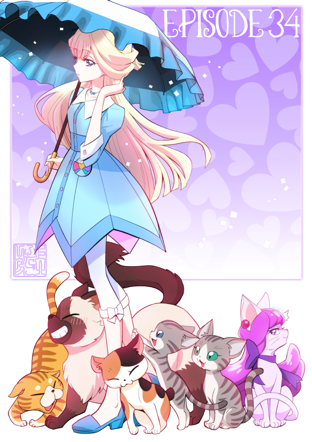 2girls animalization artist_name blonde_hair blue_dress blue_eyes blue_footwear body_fur cat choker closed_mouth commentary_request dress full_body green_eyes hand_in_own_hair heart heart_background holding holding_umbrella jewelry kamikita_futago kirakira_precure_a_la_mode kotozume_yukari kotozume_yukari_(cat) long_hair looking_at_viewer multiple_girls necklace nekoyashiki_yuki pact_holder pants parasol precure purple_choker purple_hair purple_ribbon ribbon ribbon_choker smile stamp_mark standing teeth umbrella white_pants wonderful_precure!