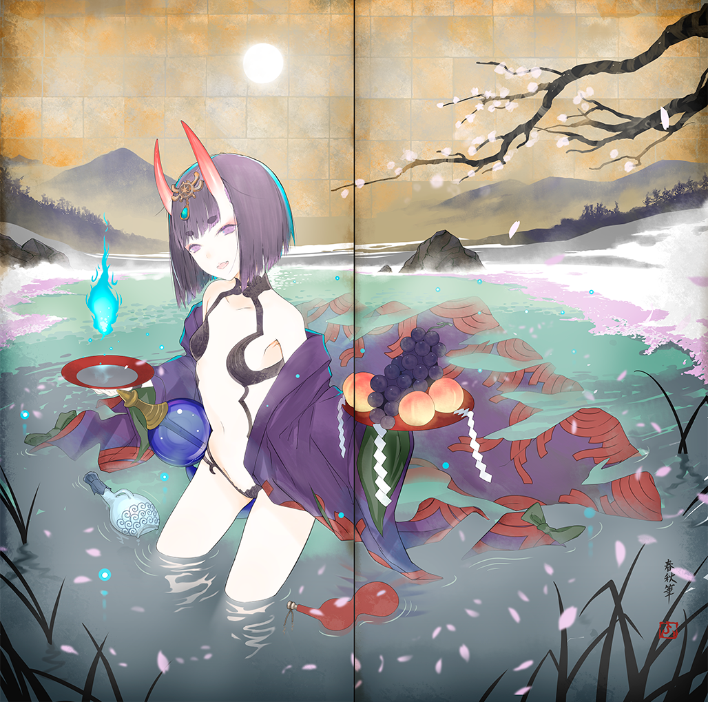 1girl blue_fire bottle cherry_blossoms collarbone crease cup day fate/grand_order fate_(series) female_focus fire folding_screen food fruit full_moon fuyuno_haruaki grapes holding holding_tray horns moon mountain open_mouth outdoors peach pond purple_eyes purple_hair revealing_clothes sakazuki sake_bottle scan shide short_hair shuten_douji_(fate) shuten_douji_(first_ascension)_(fate) signature skin-covered_horns smile solo thick_eyebrows tray tsurime wading