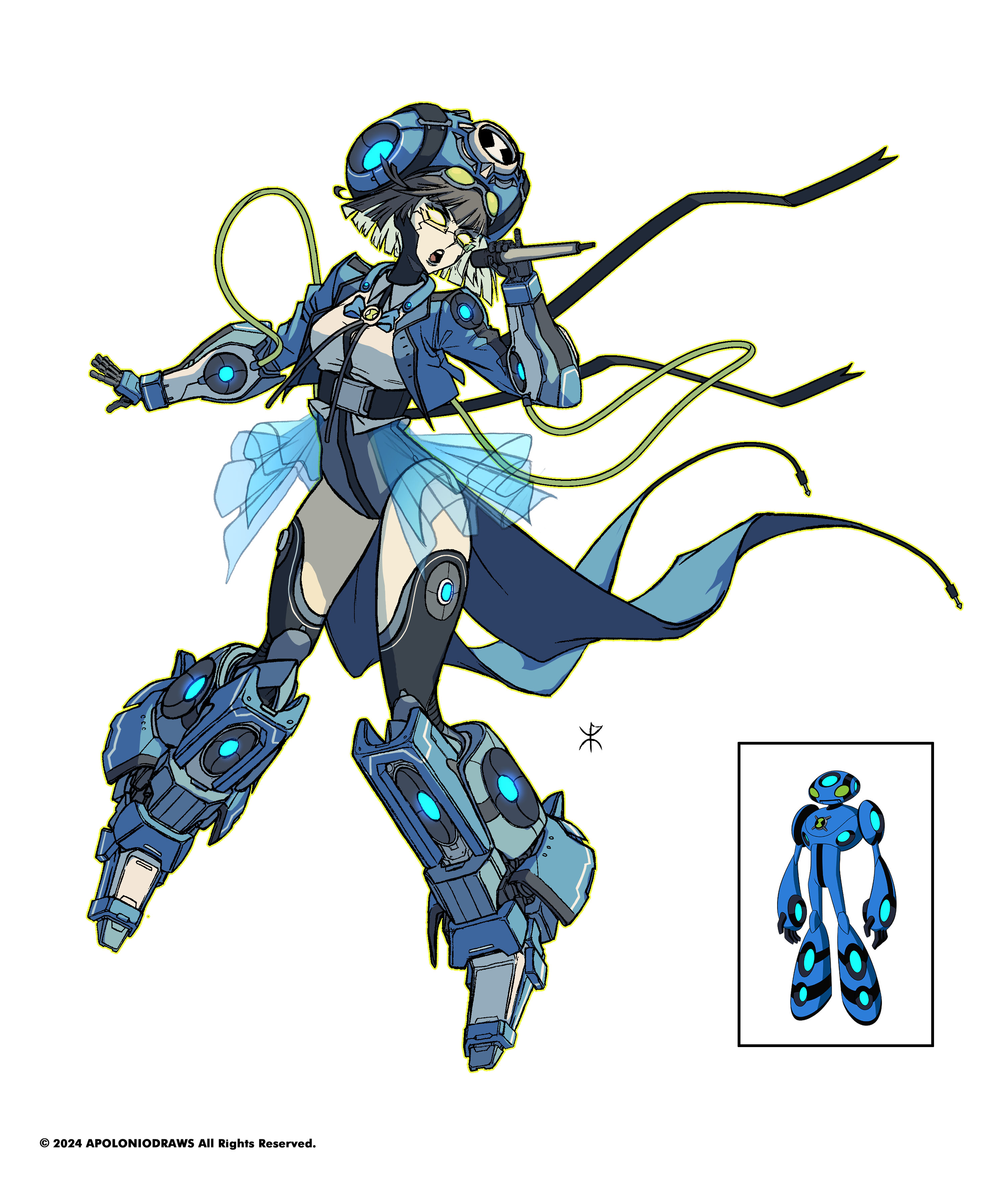 1girl absurdres apoloniodraws ben_10 ben_10:_ultimate_alien black_straps blue_footwear blue_jacket cyborg genderswap genderswap_(mtf) highres holding holding_microphone humanization jacket mechanical_arms mechanical_head mechanical_legs microphone music omnitrix shirt singing speaker ultimate_echo_echo white_shirt