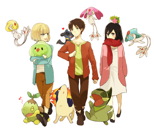 10s 1girl 2boys aged_down axew azelf black_hair blonde_hair crossover gen_2_pokemon gen_4_pokemon gen_5_pokemon gorosuke_(my_boy) legendary_pokemon mesprit multiple_boys mythical_pokemon nintendo on_head pokemon pokemon_(creature) pokemon_bw pokemon_on_head quilava riolu shaymin shaymin_(land) shingeki_no_kyojin simple_background solosis turtwig uxie white_background