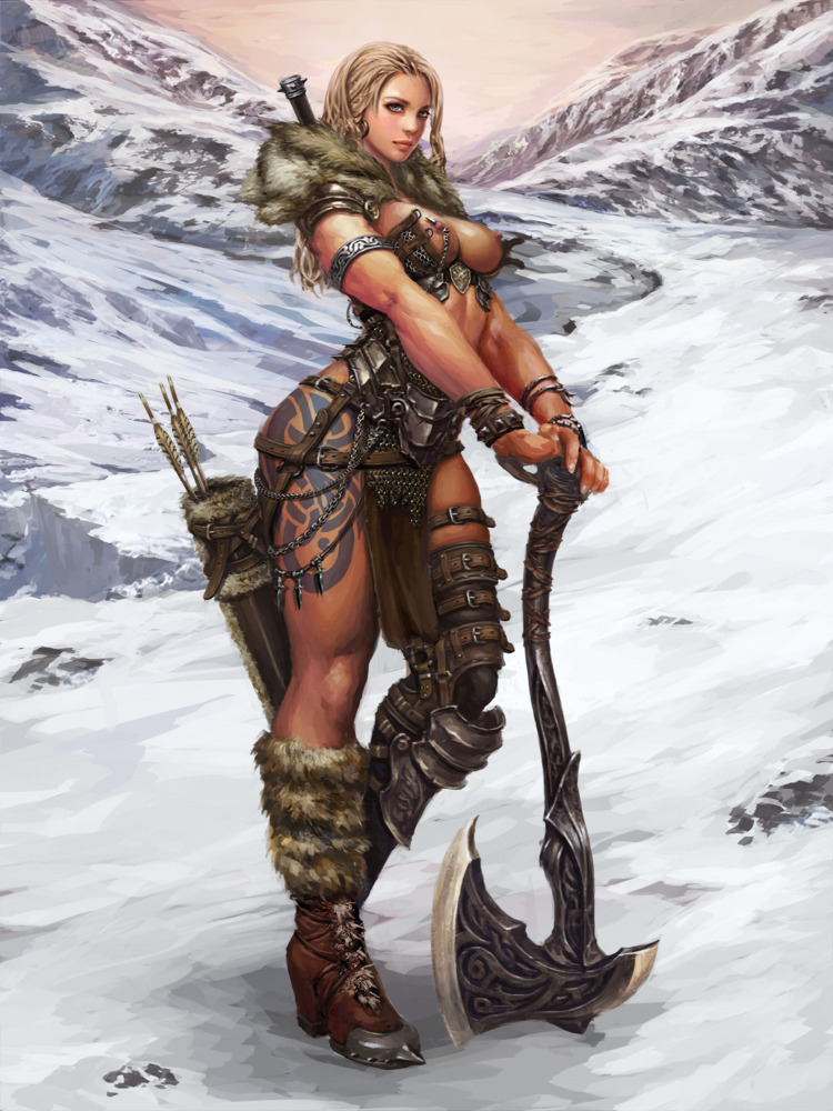 1girl armor arrow_(projectile) asymmetrical_clothes axe bikini_armor breasts brown_hair chainmail earrings female_focus fur_trim guild_wars_(series) guild_wars_1 hands_on_hilt jewelry lips minsoo_kim_(angers) mountain nipple_piercing nipples norn original outdoors piercing quiver snow solo sword tattoo weapon