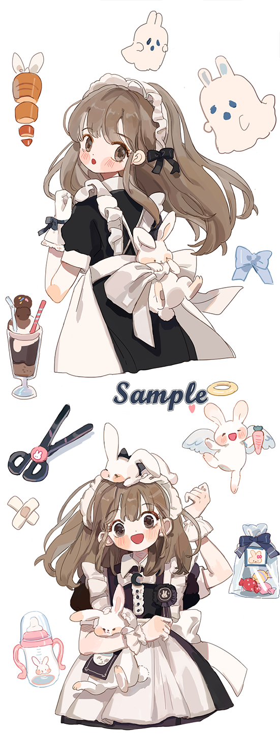 1girl :o angel_wings animal animal_on_head animal_print apron back_bow bag bandaid black_bow black_dress black_necktie blue_bow blush_stickers bow brown_eyes brown_hair buttons candy carrot carrot_slice center_frills chinese_commentary clenched_hand collared_shirt commentary_request dress floppy_ears flower food frilled_apron frills from_behind ghost hair_bow halo highres holding holding_animal holding_carrot holding_food holding_rabbit long_hair looking_at_viewer looking_back maid maid_headdress multiple_views necktie on_head open_mouth original plastic_bag puffy_short_sleeves puffy_sleeves putong_xiao_gou rabbit rabbit_on_head rabbit_print sample_watermark scissors shirt short_sleeves smile straight-on watermark white_apron white_background white_bow white_flower white_headdress white_shirt white_wings white_wrist_cuffs wings wrist_cuffs