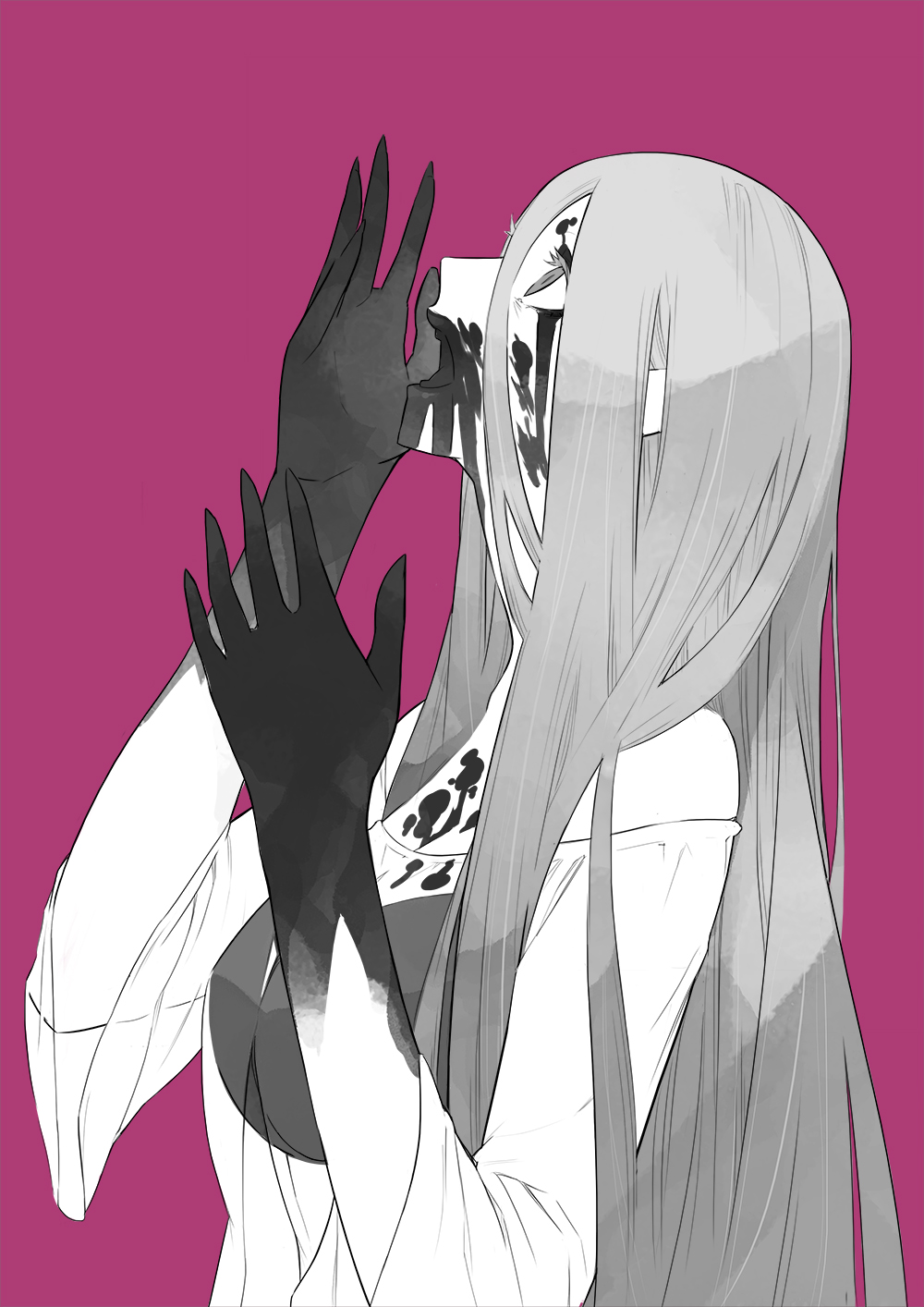 1girl bare_shoulders blood blood_on_clothes blood_on_face blood_on_hands bra_visible_through_clothes breasts commentary_request dress fingernails fraulein_kreutune from_side gajuumaru grey_hair greyscale_with_colored_background hair_between_eyes hands_up highres large_breasts long_fingernails long_hair long_sleeves looking_up monochrome open_mouth pink_background see-through_clothes see-through_dress sharp_fingernails simple_background solo spoilers teeth toaru_majutsu_no_index toaru_majutsu_no_index:_new_testament upper_body