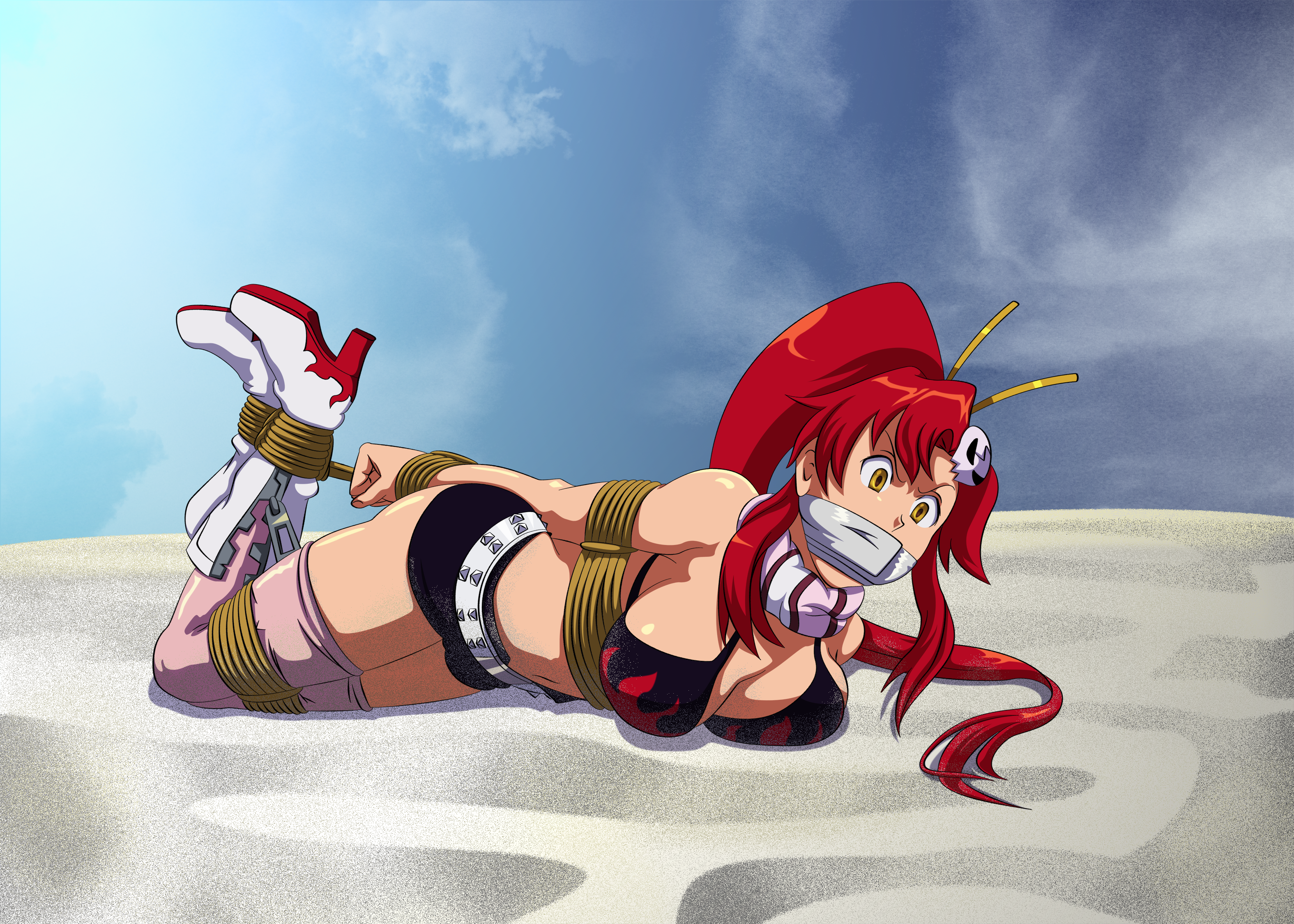 1girl angry arms_behind_back bdsm belt bikini bikini_top_only boots breasts clenched_hand gag hair_ornament halterneck high_heels highres hogtie improvised_gag large_breasts legs_together long_hair merinthos micro_shorts ponytail red_hair scarf shorts swimsuit tape tape_gag tengen_toppa_gurren_lagann thighhighs yellow_eyes yoko_littner