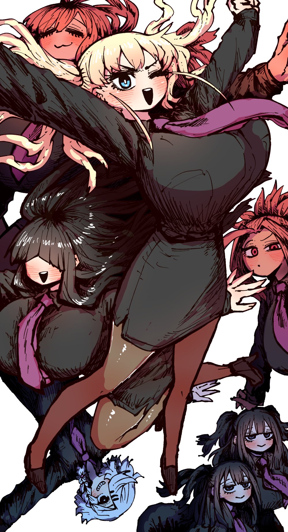 6+girls ahoge black_hair black_shirt blonde_hair blue_eyes blush breasts closed_eyes collared_shirt curvy everyone formal_clothes hair_between_eyes hair_over_one_eye highres huge_breasts inamori_shizuka kanzaki_akane_(ss_kabushikigaisha) kaori_noda large_breasts long_hair long_sleeves looking_at_viewer multiple_girls necktie ninomiya_lili ninomiya_momo no_eyes open_mouth pants pantyhose pencil_skirt pink_eyes pink_hair poko-chan_(ss_kabushikigaisha) purple_necktie sakai_ryuuko shirt skirt skirt_suit smile ss_kabushikigaisha suit twintails very_long_hair zyugoya