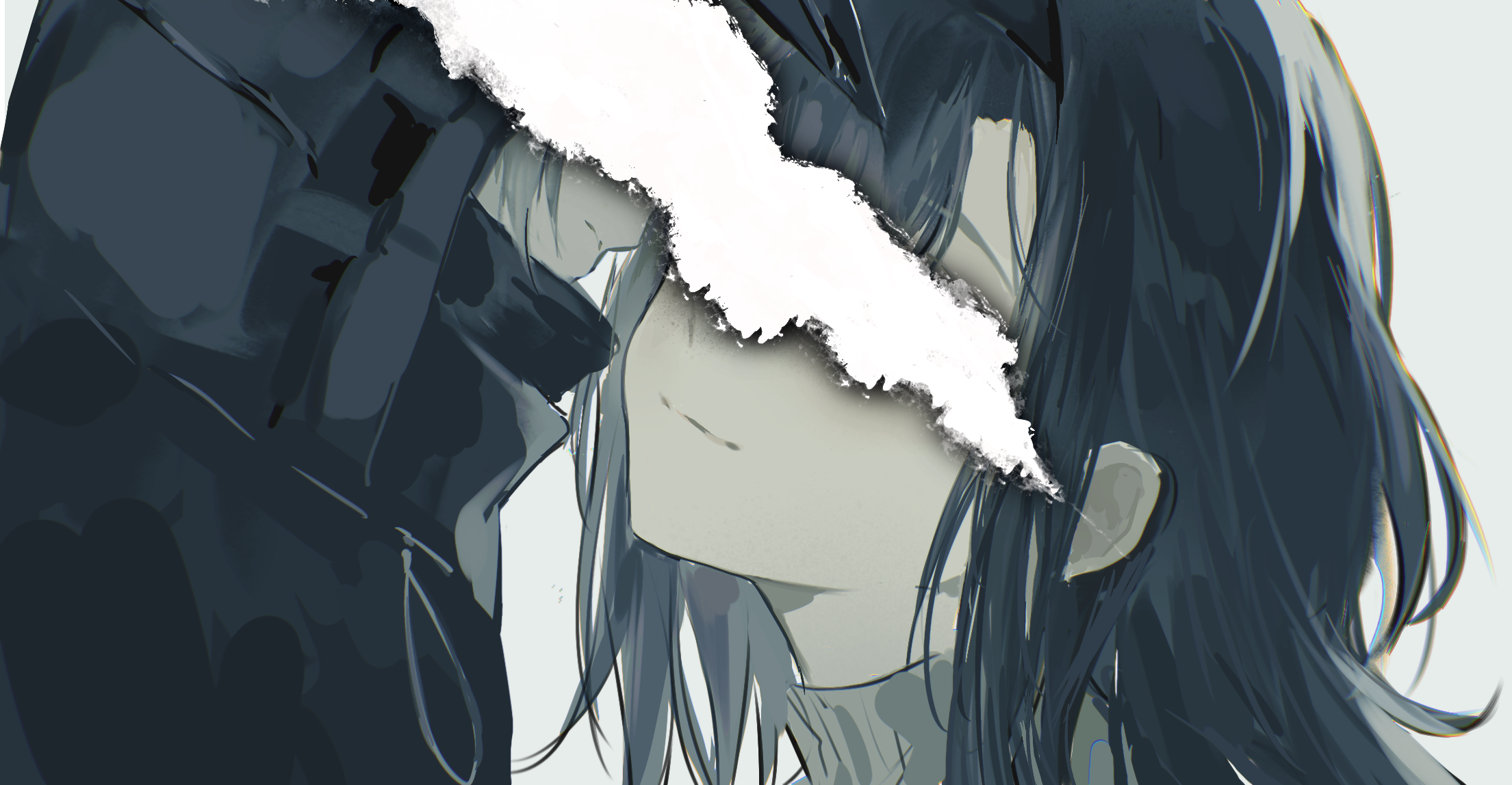1girl 1other arknights brown_hair burnt convenient_censoring doctor_(arknights) highres kateuo long_hair looking_at_another priestess_(arknights) smile torn_photo white_hair