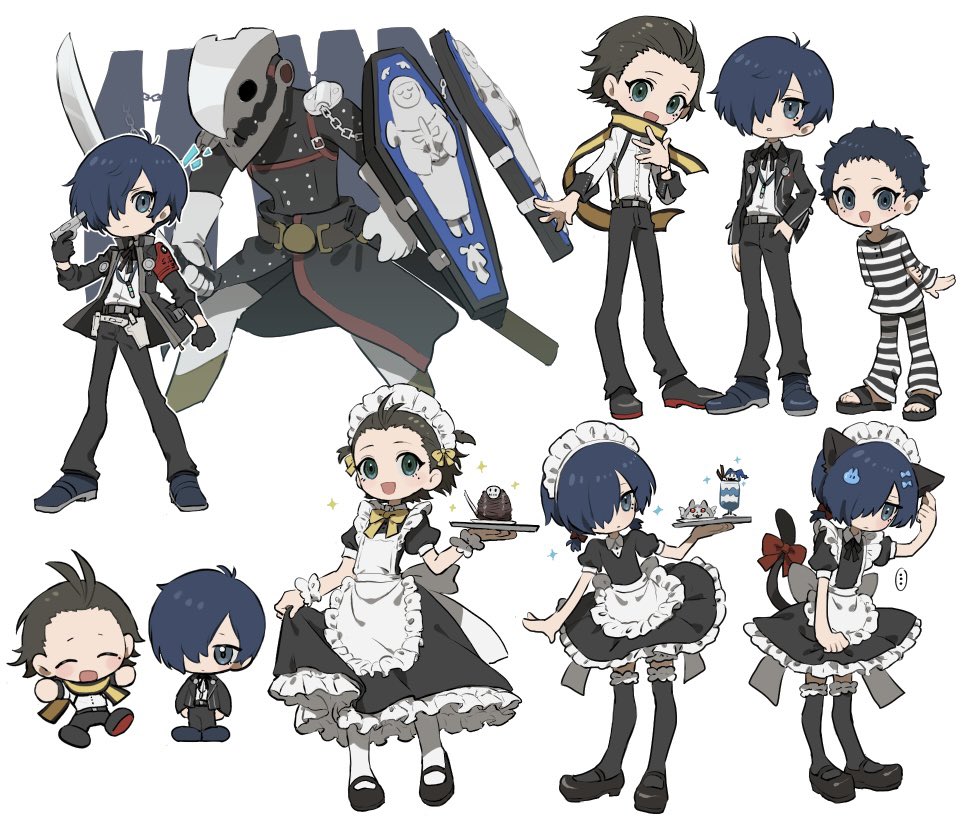 3boys alternate_costume animal_ears apron black_dress black_gloves black_hair black_pants blue_eyes blue_hair bow cat_ears cat_tail chibi closed_eyes closed_mouth commentary_request crossdressing dress enmaided evoker fake_animal_ears fake_tail gekkoukan_high_school_uniform gloves gun gun_to_head hair_over_one_eye holding holding_gun holding_tray holding_weapon maid maid_headdress male_focus mochizuki_ryouji mole mole_under_eye multiple_boys multiple_views open_mouth pants persona persona_3 persona_3_reload pharos red_bow school_uniform shirt shoes simple_background standing striped_clothes tail tail_bow tail_ornament tamaon_2525 thanatos_(persona) trap tray weapon white_background white_shirt yuuki_makoto_(persona_3)