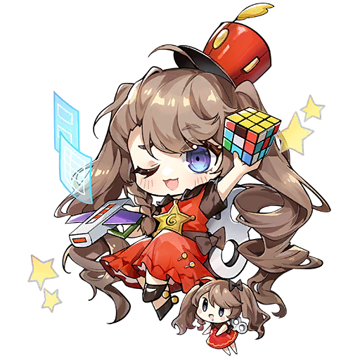 2girls ;3 ;d ahoge arm_up artist_request black_bow black_shoes blue_eyes blush blush_stickers bow brown_hair chibi dress drill_hair fairy_(girls&#039;_frontline) full_body girls&#039;_frontline hair_bow hand_up hat holding holding_toy holographic_interface multiple_girls official_art one_eye_closed open_mouth raised_eyebrow red_dress rubik&#039;s_cube shako_cap sheriff_badge shoes short_sleeves simple_background smile star_(symbol) third-party_source toy toy_airplane toy_fairy_(girls&#039;_frontline) transparent_background twin_drills twintails winding_key