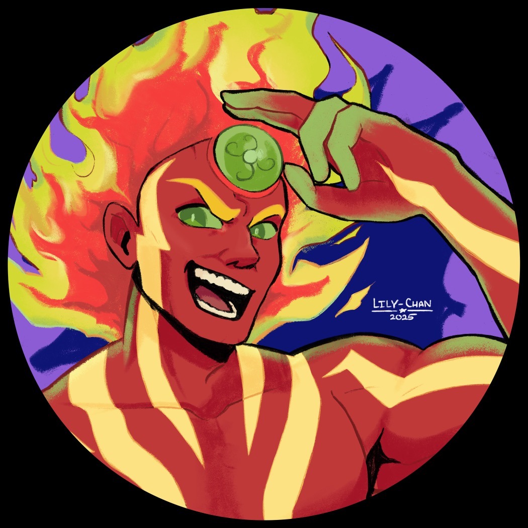 1boy 2025 colored_skin fiery_hair forehead_jewel green_eyes kid_icarus kid_icarus_uprising lilychannn looking_at_viewer male_focus nintendo open_mouth pyrrhon red_skin salute solo two-finger_salute upper_body